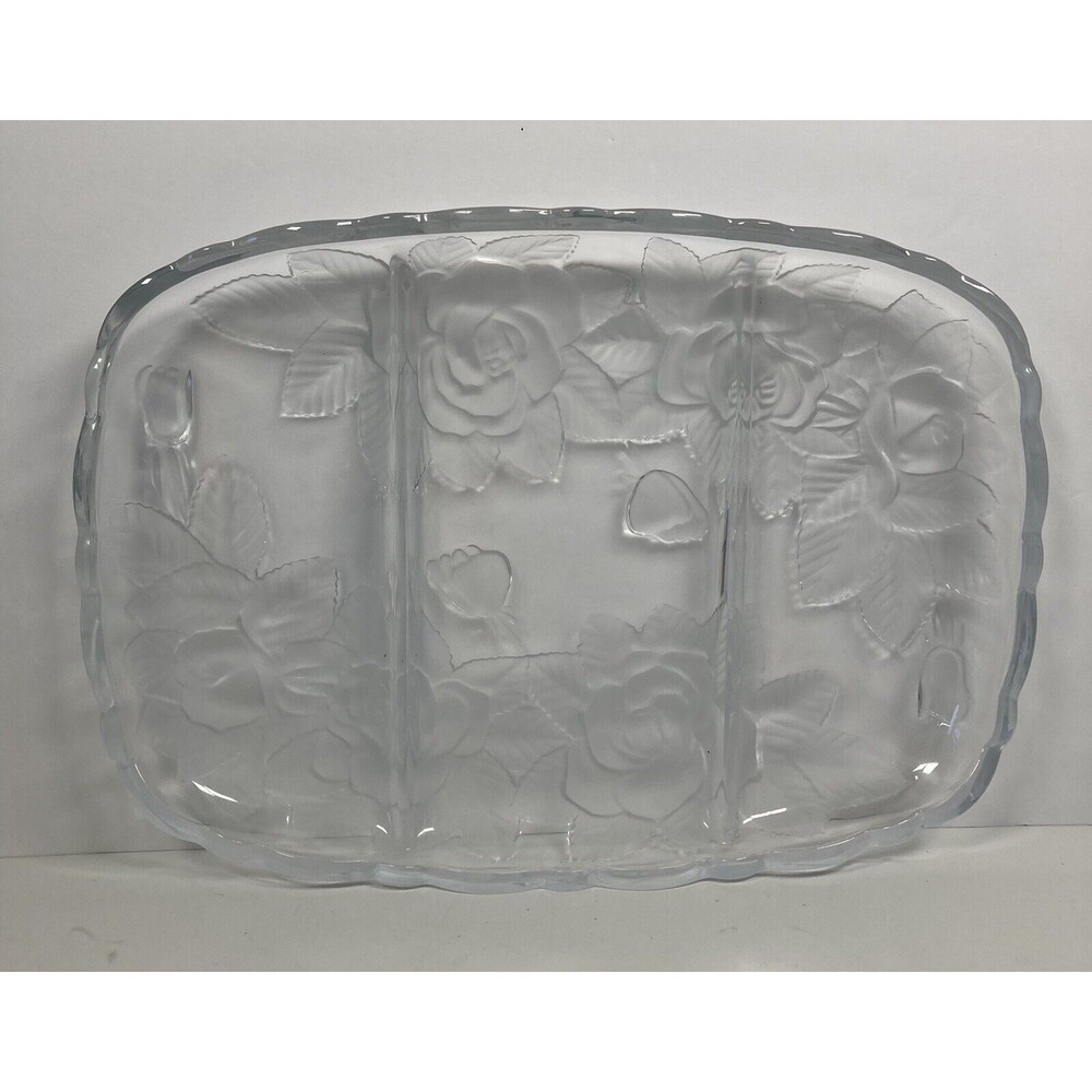 Beautiful Rose Etched Relish Dish Crystal 3 Section Serving Dish - EUC